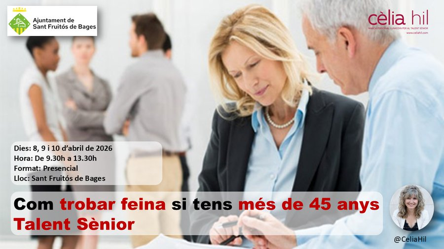 CeliaHil's tweet image. Busques treball? 
Vine al curs que faré de "Com trobar feina amb +45 anys - #Talent #Sènior"  
🗓️ 8, 9 i 10 d'abril'26
⏰ De 9.30h a 13.30h
📍#SantFruitósdeBages   

Inscripció gratuïta 👉 tinyurl.com/3ffhxv49 

#OrientacióLaboral #Edatisme #Formació #RH
