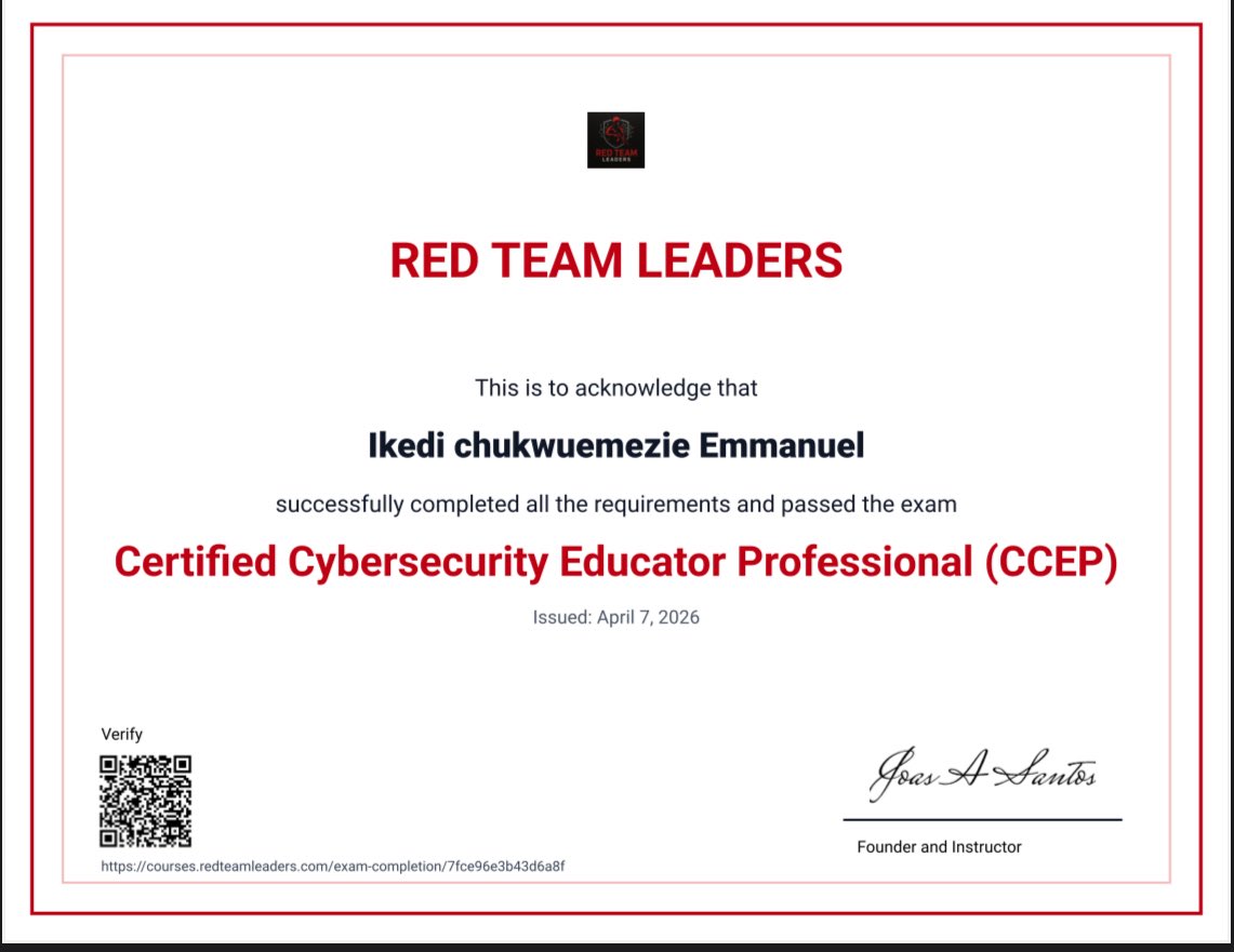 Ikedi_The_soul's tweet image. 🏅 New Certification Badge Earned!

 Cybersecurity Educator Professional certification. 🔐🎓

Grateful for the journey so far and excited for the next opportunities to keep learning, teaching, and growing in cybersecurity.

#Cybersecurity #Certification #ProfessionalDevelopment