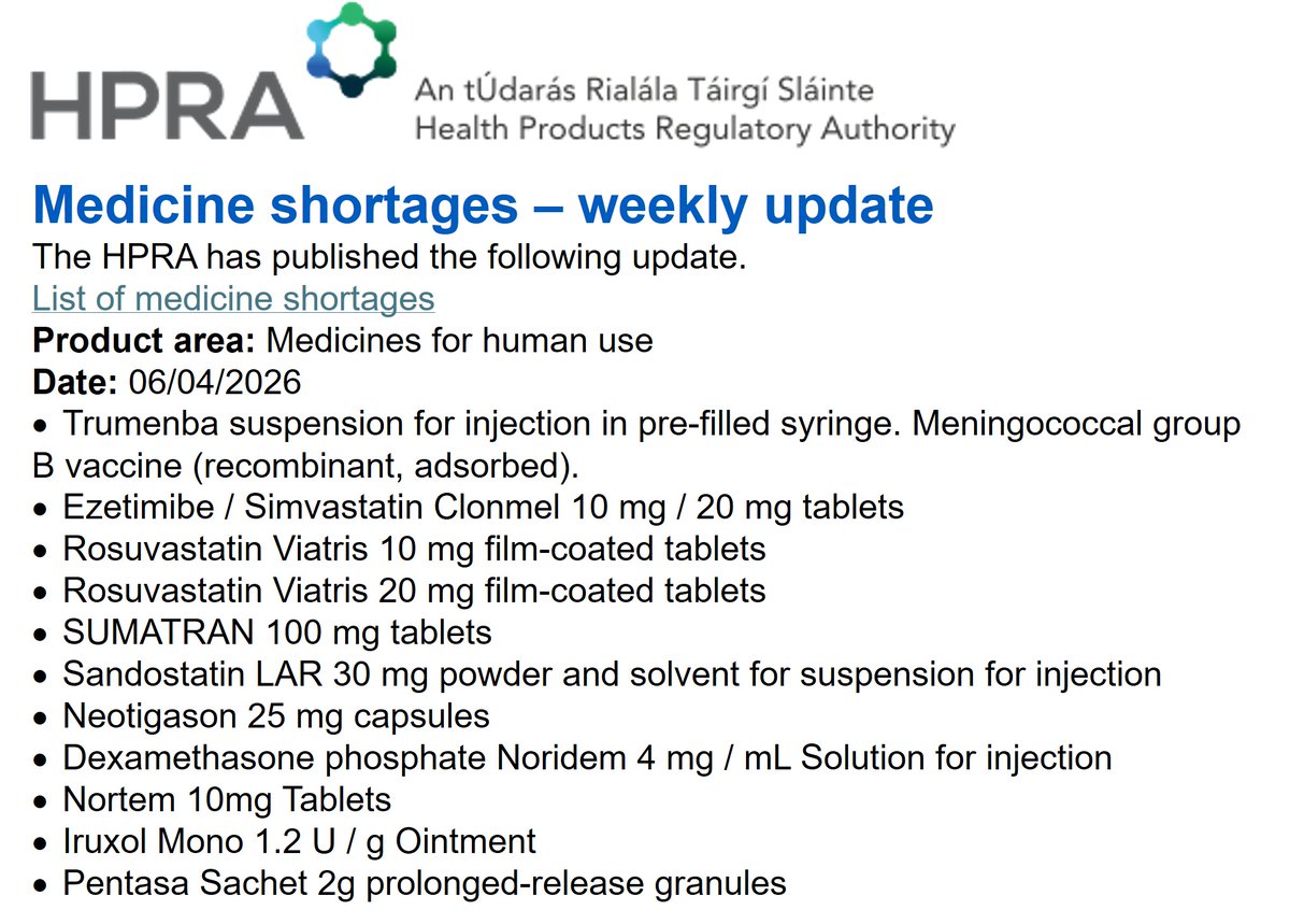 FormularyIE's tweet photo. HPRA Medicine Shortages 07/04/2026
@academic_GP_Irl @NEGPTraining @TrinityGPs @GpTrainees @GPTrainee1
@ucdgpgroup @nuigpsociety
@thegpclub_ @ULGPIG @tcdgpsoc @UCC_GP
@MichelleMPS
@PhdNurses
@DoctorsIreland @Locumotion
@SoilsePharmacy https://t.co/0z85KEMMyO