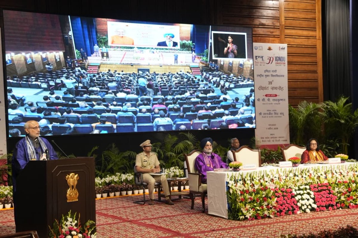 airnewsalerts's tweet image. New Delhi: Vice President C.P. Radhakrishnan addresses the 39th Convocation Ceremony of #IGNOU. He says that the true strength of a nation lies in the knowledge, values, and capabilities of its people.

He adds that institutions like IGNOU play a key role in strengthening the