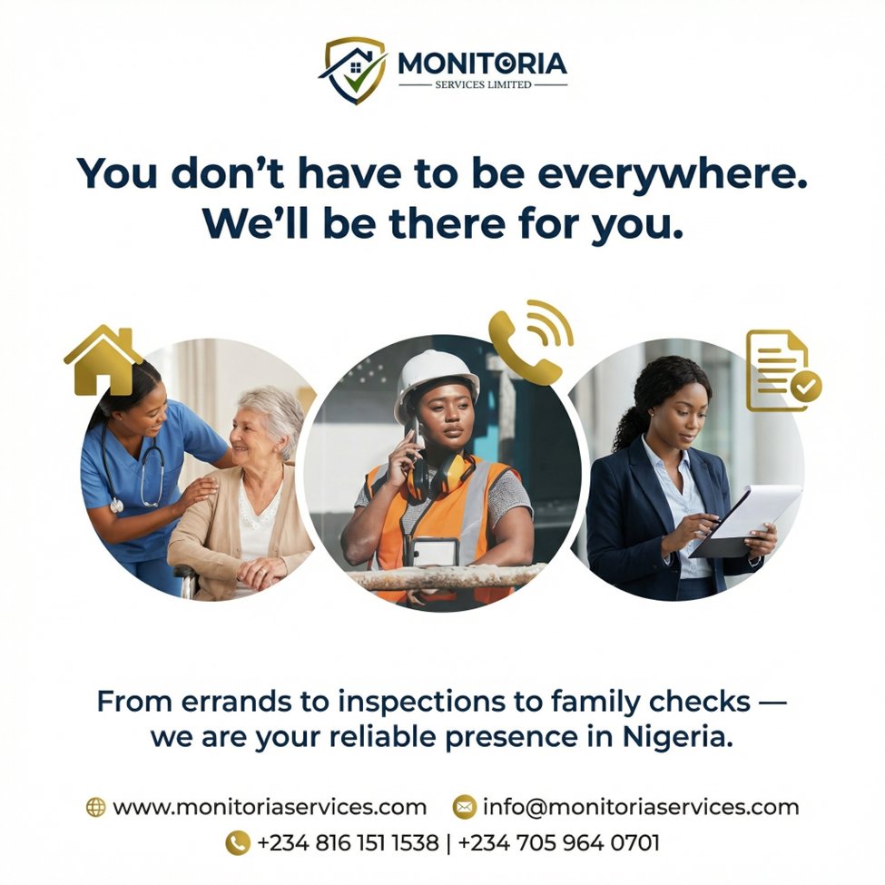 monitoriaNG's tweet photo. You don’t have to be everywhere. We’ll be there for you.

Handling things back home in Nigeria can be overwhelming—errands, property, projects, family care.

From errands to inspections to family check-ins, Monitoria Services Limited is your trusted presence in Nigeria 🇳🇬
Real-time updates. Verified reports. 

Stay informed. Stay in control.