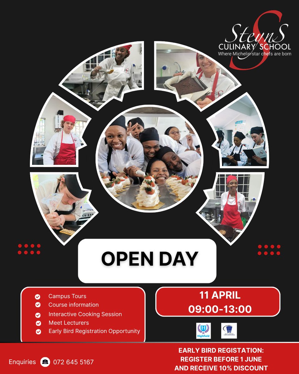SteynsCS's tweet photo. LAST CHANCE TO JOIN US

Our Open Day at Steyns Culinary School is almost here!
📅 11 April
⏰ 09:00 – 13:00

If you’ve been thinking about a new path, this is your sign to act. Register for our July intake by 1 June and get 10% OFF with our earlybird offer.

This is your moment https://t.co/t6J5LDaWKI