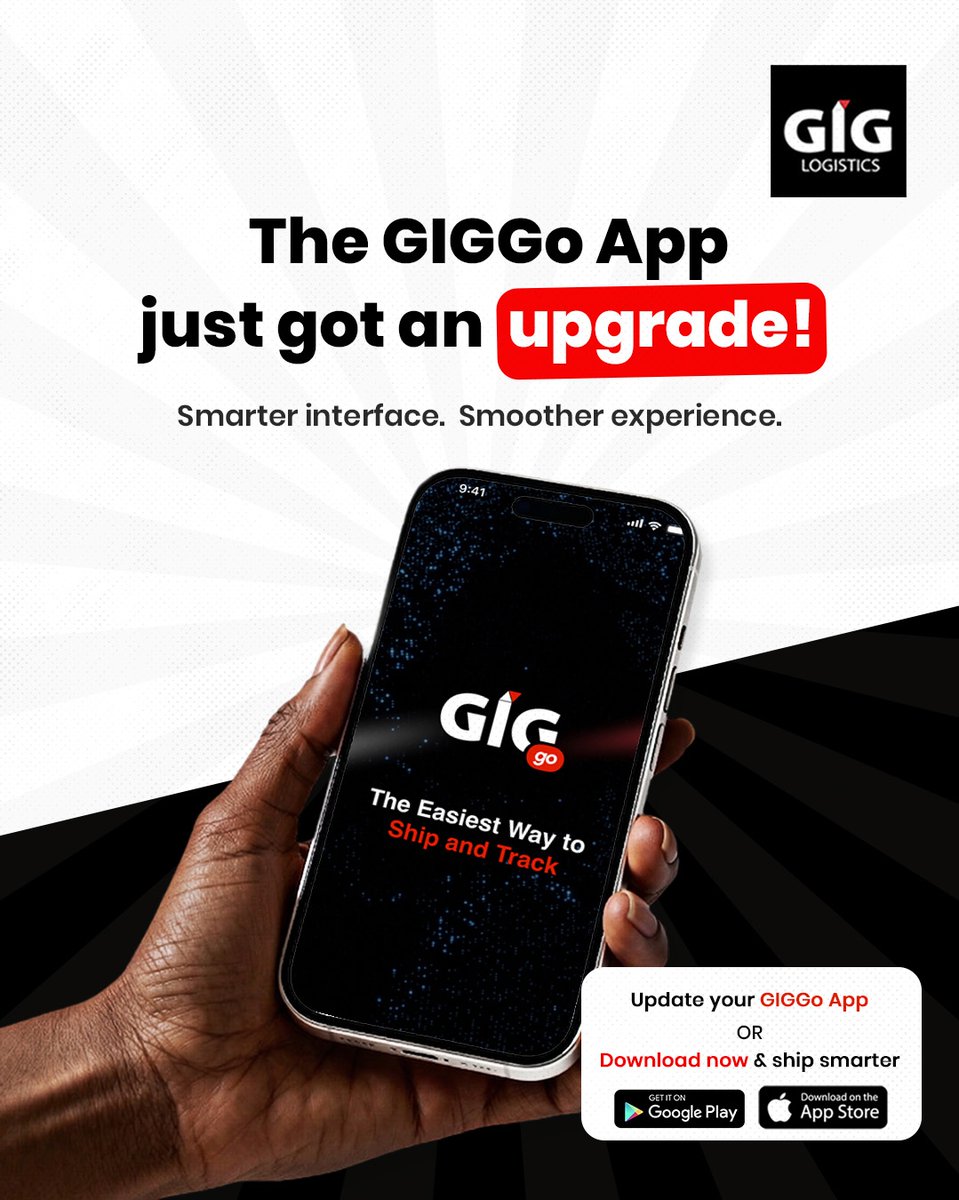 GiGLogistics's tweet image. This is your sign to upgrade.
The new GIGGo App is here!

Smarter. Smoother. Faster.
Update your app or get it from Play Store/App Store NOW.

#GIGLogistics #WeDeliver #GIGGo
