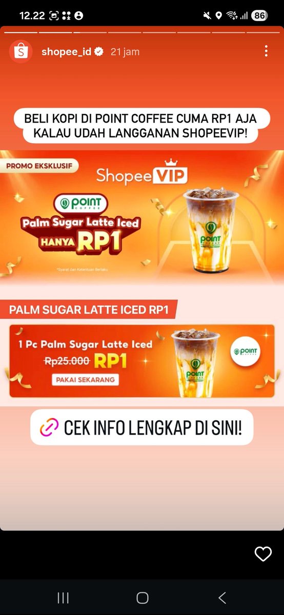 Wah udah cobain promonya, sesimpel itu guys. tinggal langganan shopeevip, trus klaim promo point coffee, nanti ngomong aja ke kasirnya buat dapetin palm sugar latte iced cuma rp1 #ShopeeVIPPointCoffeeRP1