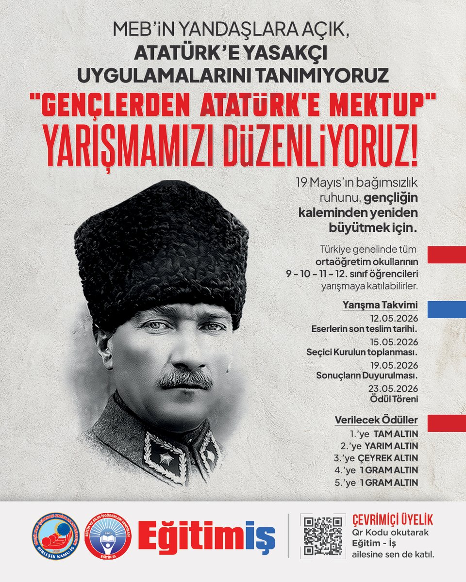 Eğitim-İş olarak, Cumhuriyetimizin kurucusu Büyük Önder Mustafa Kemal Atatürk’ü anmak, ilke ve devrimlerini gelecek nesillere aktarmak amacıyla yıllardır 19 Mayıs Atatürk’ü Anma, Gençlik ve Spor Bayramı kapsamında düzenleyerek geleneksel hala getirdiğimiz "Gençlerden Atatürk’e