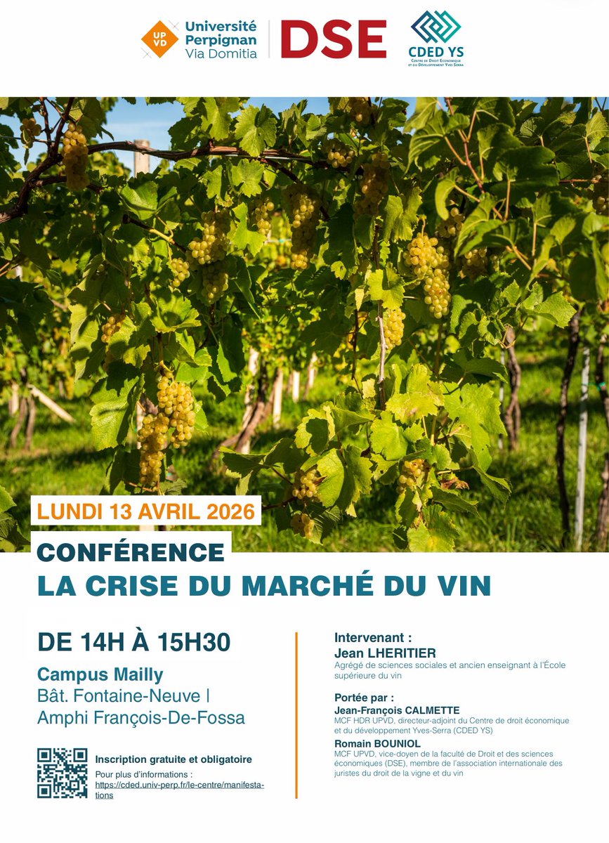 CDEDys's tweet photo. Save the date ! 
🔔🗓️ Lundi 13 avril 2026 - 14h00 à 15h30
📍Campus Mailly - Amphithéâtre de la Fossa

📚Conférence
« la crise du marché du vin »

Inscription obligatoire sur le site du CDED https://t.co/noKLe3iY11