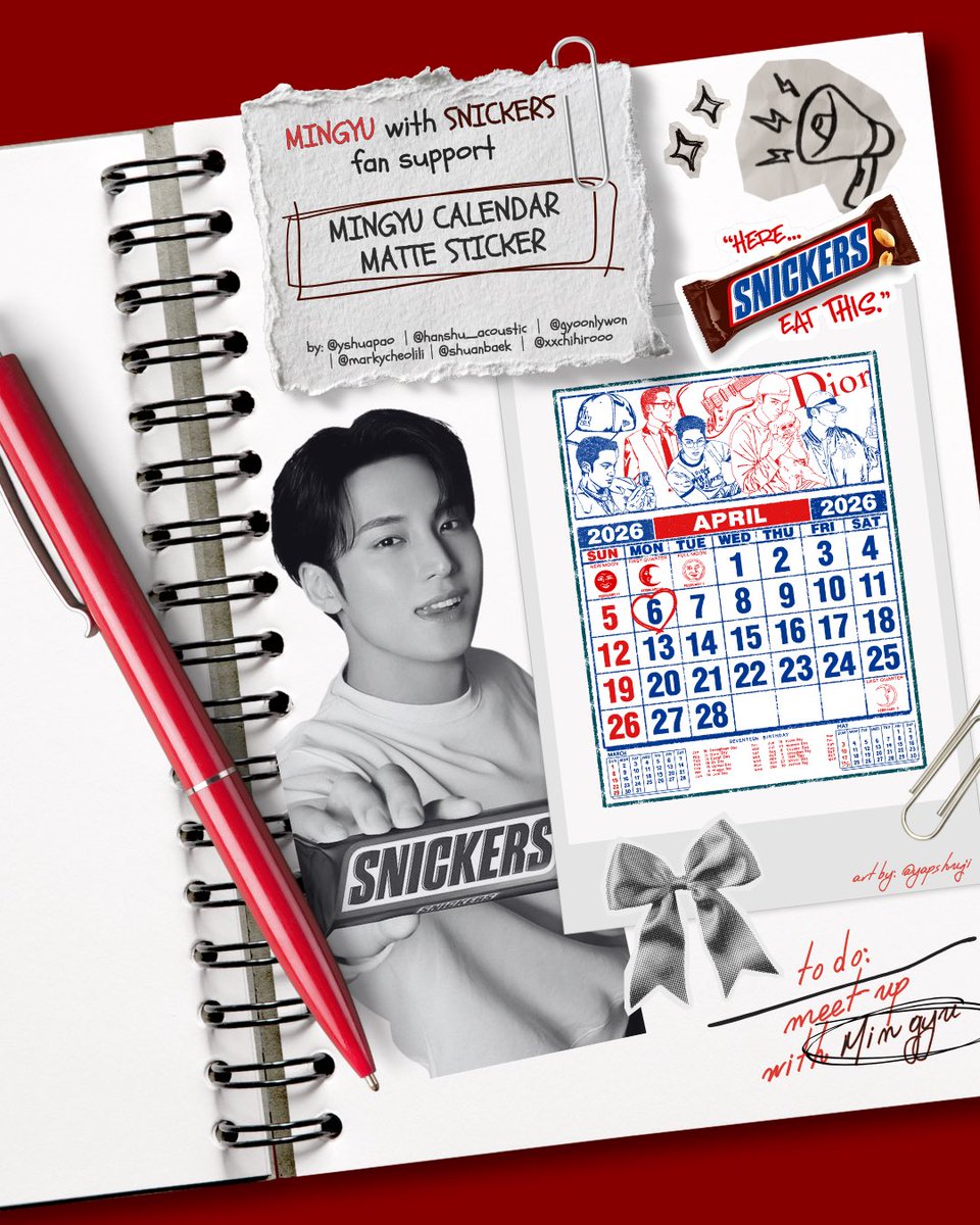 #SNICKERSwithMINGYU 🍫

⋆ . ࿔ ˚ Mingyu Calendar Matte Sticker Freebie 

🗓️ April 11, 2026
📍 Araneta Coliseum Cubao

exact loc tba on dday ☺️ see you there!