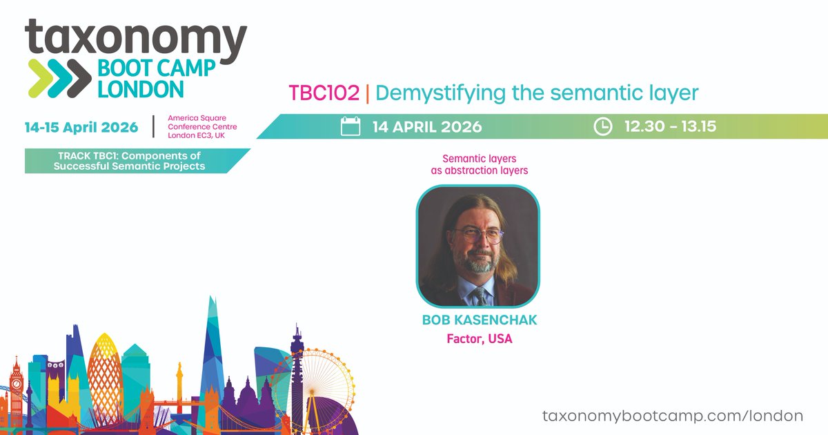 TBC_London's tweet photo. In 'Demystifying the semantic layer' @taxobob cuts through the buzzwords with an accessible intro to using the semantic layer to manage the connections between things, so we can find, shape &amp; truly understand complex data. Next week at Boot Camp: https://t.co/QbgxXX0HKi
#TBCL https://t.co/hMU9juRcq1