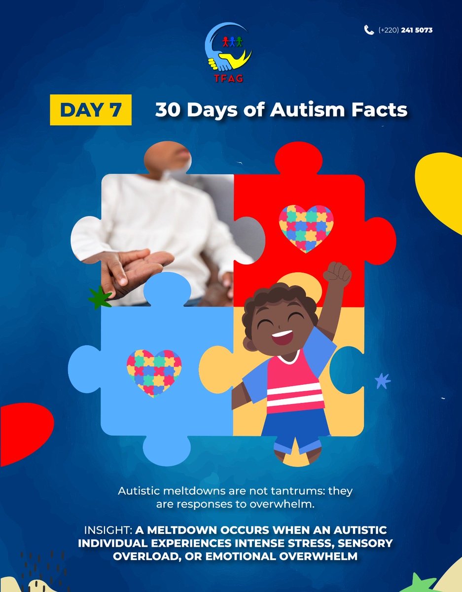 TfagOrg's tweet photo. Day 7 of 30! 
Autistic meltdowns are often misunderstood but they are not tantrums. They are a response to overwhelming situations, whether sensory, emotional, or environmental.

#AutismAwareness #TFAG #DifferentNotLess #AutismAcceptance #SupportNotStigma https://t.co/5MyrVOu0JR
