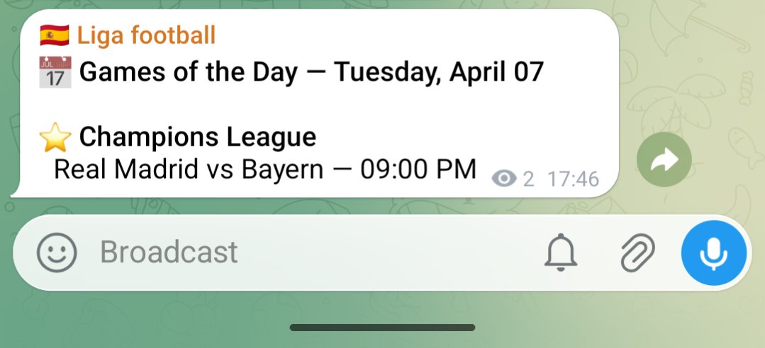 📅 Games of the Day — Tuesday, April 07

⭐ Champions League
  Real Madrid vs Bayern — 09:00 PM

t.me/footballespana…
