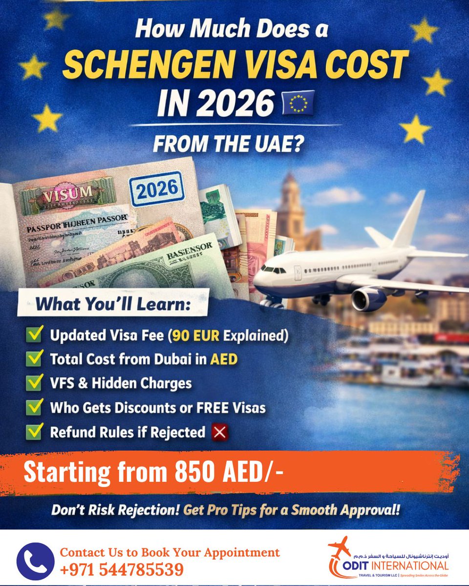 OditTravels's tweet photo. 💶✈️ NEW BLOG!

Schengen Visa cost in 2026 from UAE 🇪🇺

💡 Fees, VFS charges, hidden costs &amp; money-saving tips

💰 DIY: 570–800 AED
✅ With experts: from 850 AED (stress-free approval)
Don’t risk rejection ❌

🔗 https://t.co/QUuzk9SKnd

#SchengenVisa #DubaiTravel #VisitEurope https://t.co/6ETiKSRIUX
