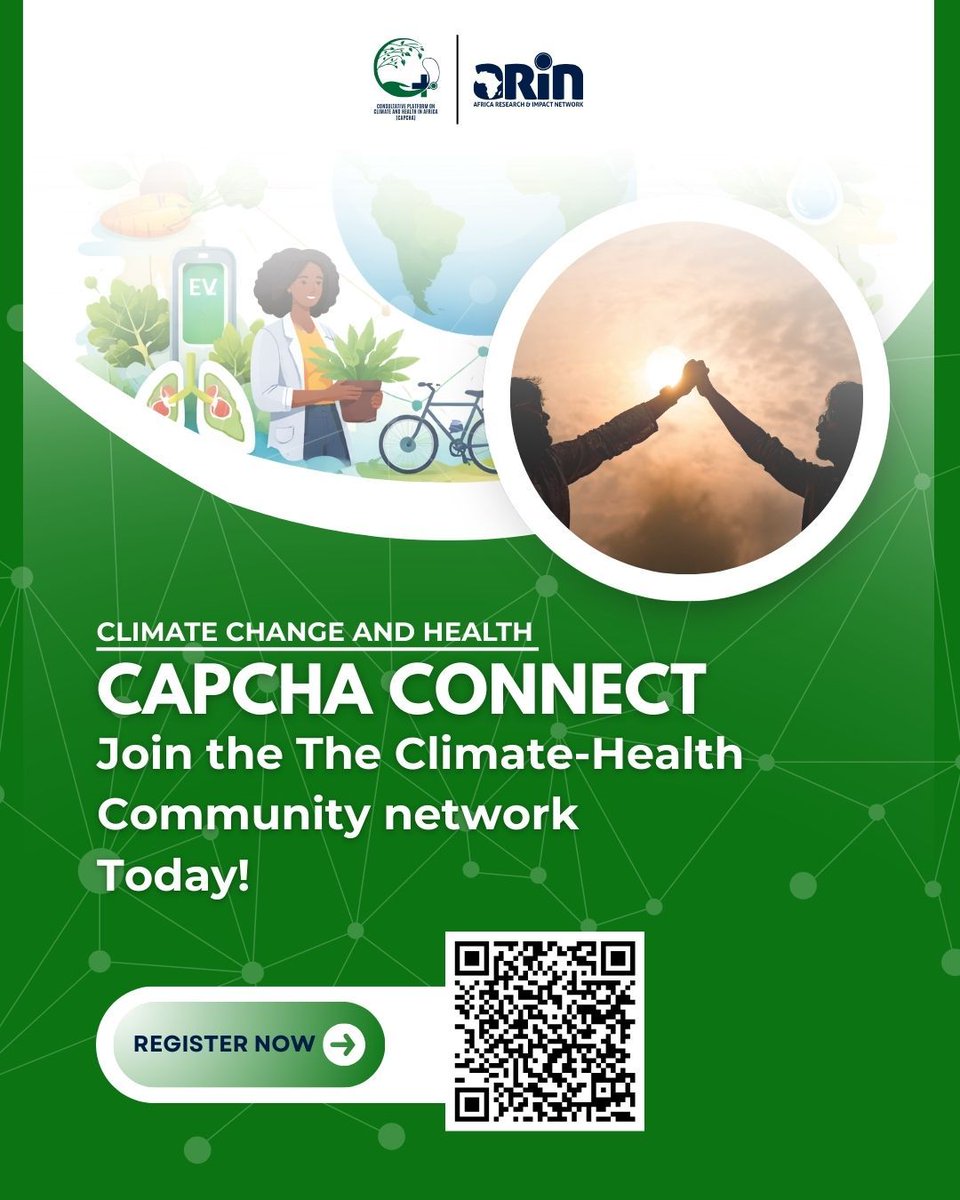 arin_africa's tweet photo. On #WorldHealthDay, ARIN highlights the urgent #climate and #health link in Africa . Rising temperatures, shifting disease patterns & extreme weather demand evidence driven solutions.
Join #CAPCHA to collaborate & co-create resilient health systems.
⏳ Apply here: https://t.co/bXh5roztii
#ClimateAndHealth #Sustainability