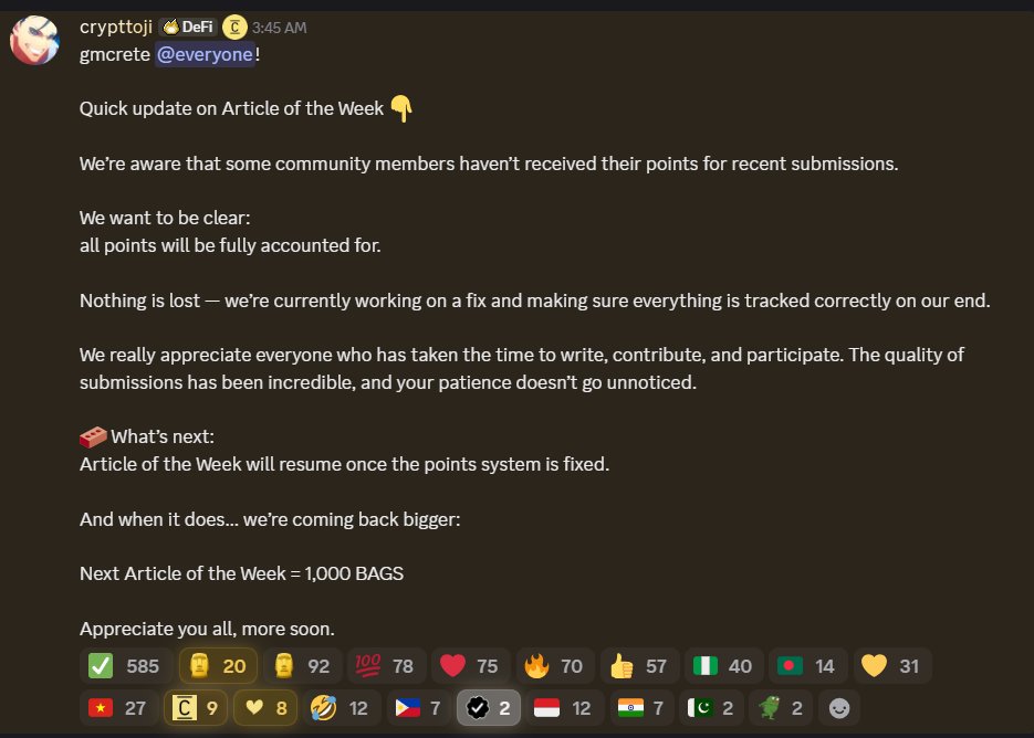 Members who haven't received points for past articles need not worry. All data is safe, and the team is currently working to calculate them accurately.

<a href="/ConcreteXYZ/">Concrete</a>