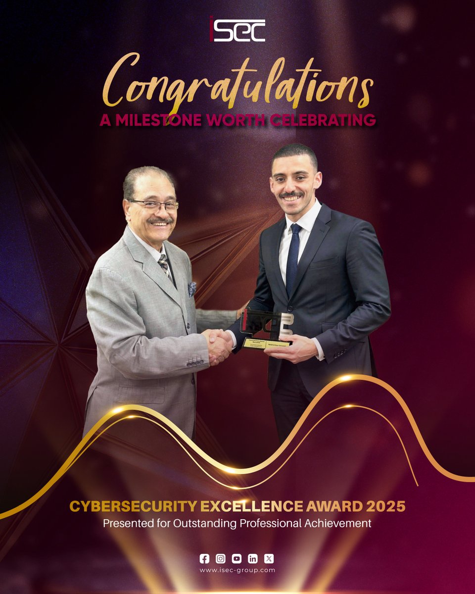 iSec_eg's tweet photo. We proudly congratulate Eng. Mostafa Elguerdawi on being honored with the Cybersecurity Excellence Award 2025 🏆

#Cybersecurity #Excellence #Achievement #Award2025 #ProudMoment #Success #iSec https://t.co/5RzkVdg4nh