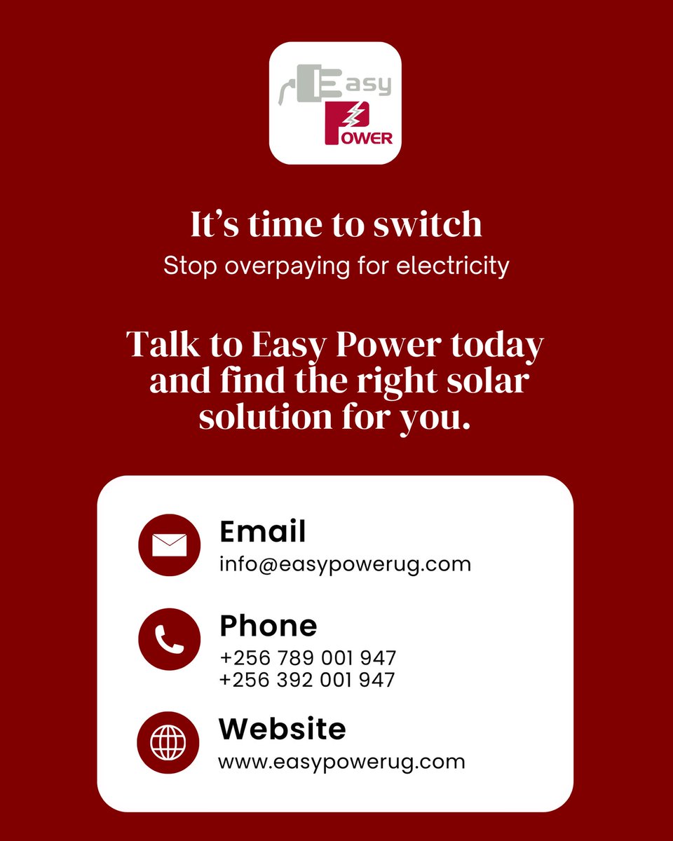 EasyPowerCoLtd's tweet photo. 2/2
Make the switch today 👉 https://t.co/zjRI2h2qQH
#SolarUganda #SolarEnergy #EasyPower https://t.co/SVBRnzQANv