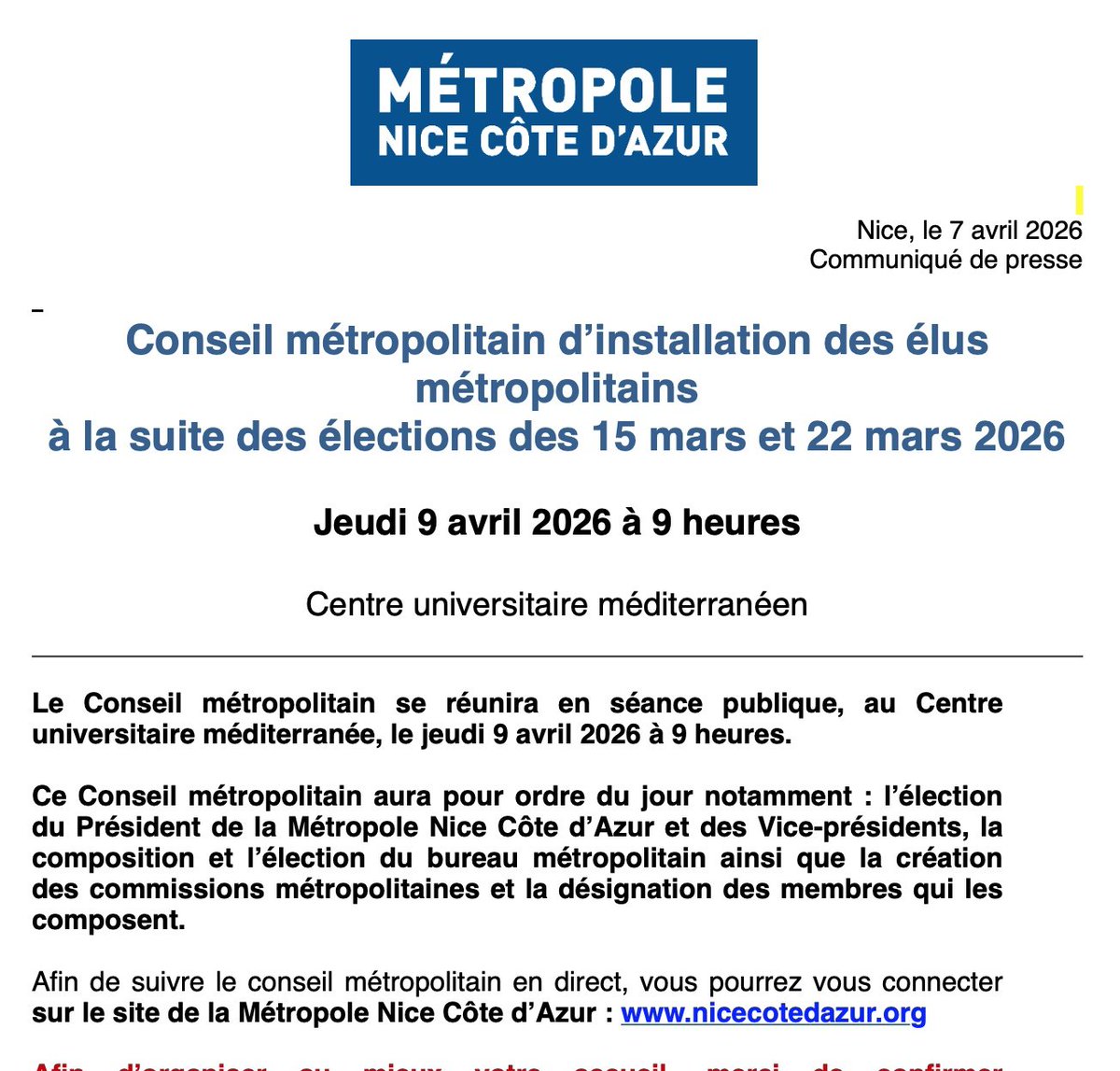 actualites_nrv's tweet photo. Passons à la @MetropoleNCA 

Ce Jeudi 9 avril à 9 heures Conseil métropolitain d’installation des élus métropolitains. 
#CMNCA #Nice #Nice06 https://t.co/k7sibLR3Aq