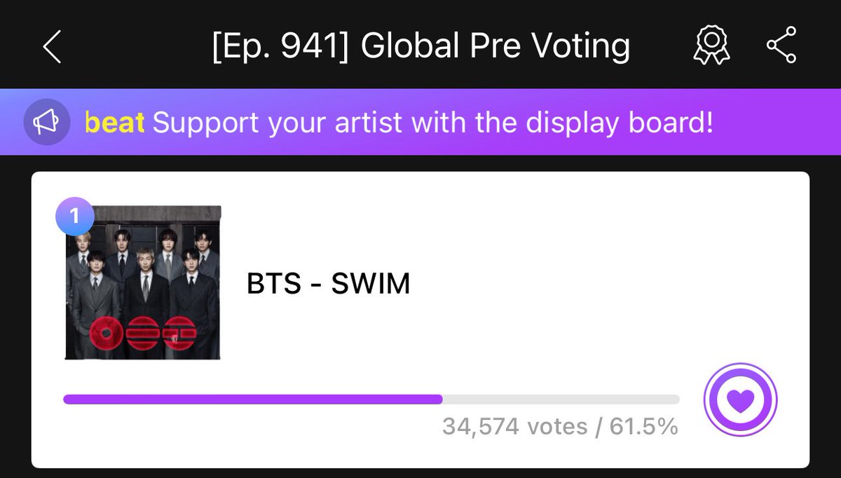 [🏆 MUSIC CORE]

🛑 Pre-Voting is in progress! Vote for <BTS - SWIM> on Mubeat app!

→ until April 9, 11am kst
→ score: 500pts
🗳️ mubeat.applink.info/LKqtbxeif8