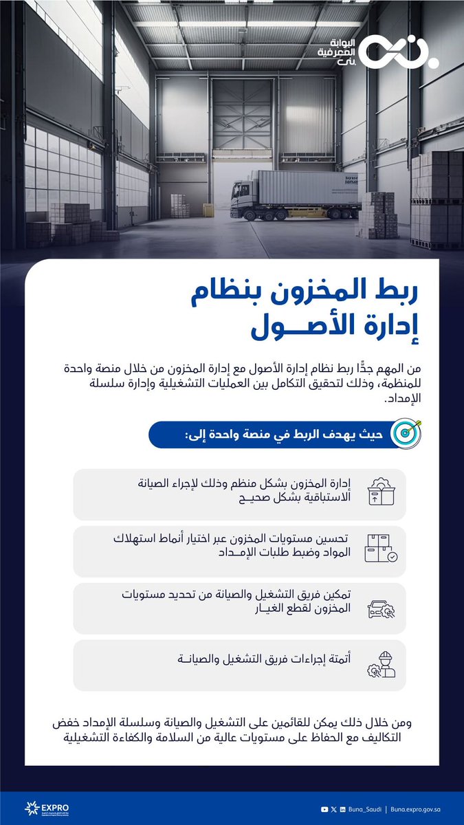 Buna_Saudi's tweet photo. تهدف أي منشأة إلى التكامل بين عملياتها التشغيلية ورفع كفاءتها التشغيلية ومما يحقق التكامل هو ربط المخزون بنظام إدارة الأصول.

وللمزيد من الإضاءات المعرفية تعرّف عليها من خلال موقعنا:
https://t.co/oZQ43WXNVg

#بوابة_بُنى
#نبني_للمستقبل https://t.co/Fka3exau92