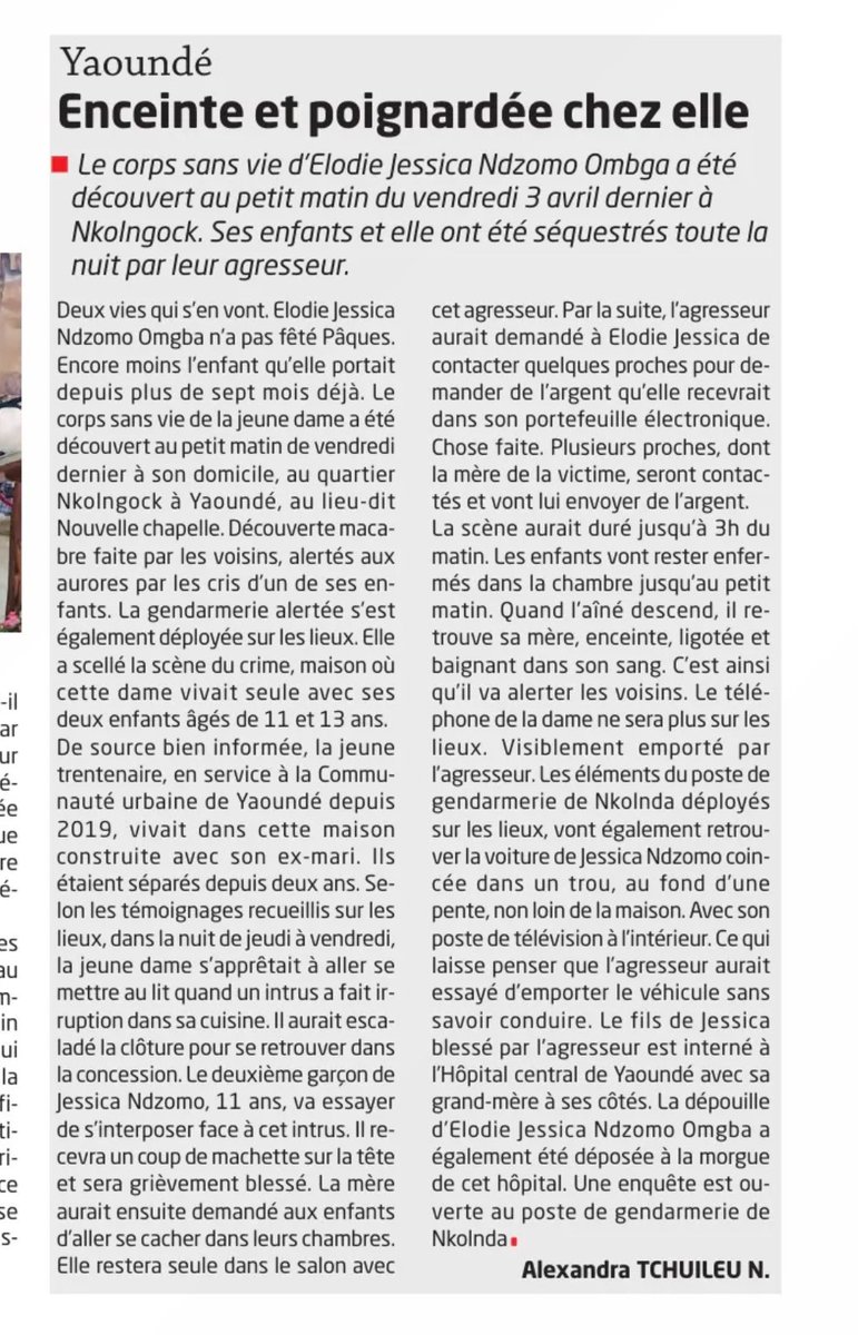 Jessica Ndzomo Ombga, enceinte, a été poignardée après avoir été séquestrée et ligotée toute la nuit.