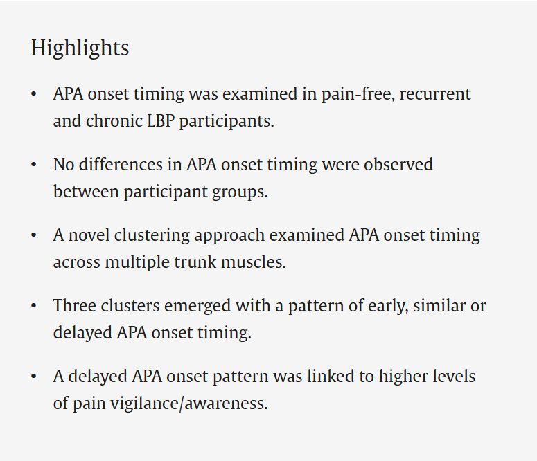 MSKPhysioJnl's tweet photo. What if low back pain is not just about strength. but about timing?

This study explores anticipatory postural adjustments (APAs) across multiple trunk muscles, revealing how the body prepares for movement before it even happens. A valuable contribution to how we understand motor control, variability, and movement preparation in low back pain

Rather than a simple delay in a single muscle, the findings suggest a more complex picture. Multi-muscle coordination is disrupted, potentially reflecting adaptive or protective strategies rather than isolated dysfunction.

The goal may not be to “activate one muscle earlier”, but to restore coordinated, task-specific motor control across the system.

#Feedforward control #Lowbackpain #Attention #Motorcontrol #Hypervigilance #Electromyography 
Link to access article: https://t.co/nb9DBYPkh4