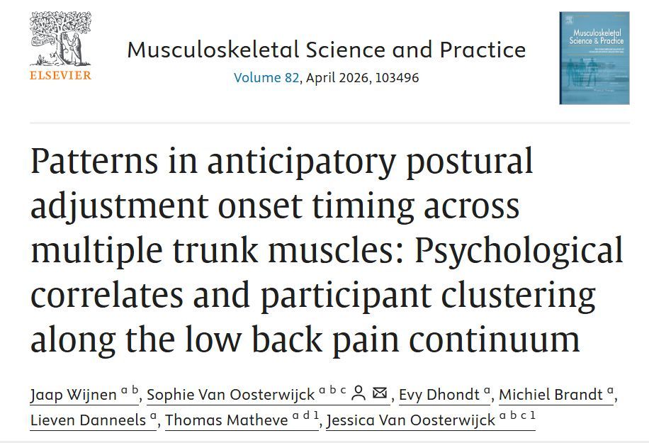 MSKPhysioJnl's tweet photo. What if low back pain is not just about strength. but about timing?

This study explores anticipatory postural adjustments (APAs) across multiple trunk muscles, revealing how the body prepares for movement before it even happens. A valuable contribution to how we understand motor control, variability, and movement preparation in low back pain

Rather than a simple delay in a single muscle, the findings suggest a more complex picture. Multi-muscle coordination is disrupted, potentially reflecting adaptive or protective strategies rather than isolated dysfunction.

The goal may not be to “activate one muscle earlier”, but to restore coordinated, task-specific motor control across the system.

#Feedforward control #Lowbackpain #Attention #Motorcontrol #Hypervigilance #Electromyography 
Link to access article: https://t.co/nb9DBYPkh4