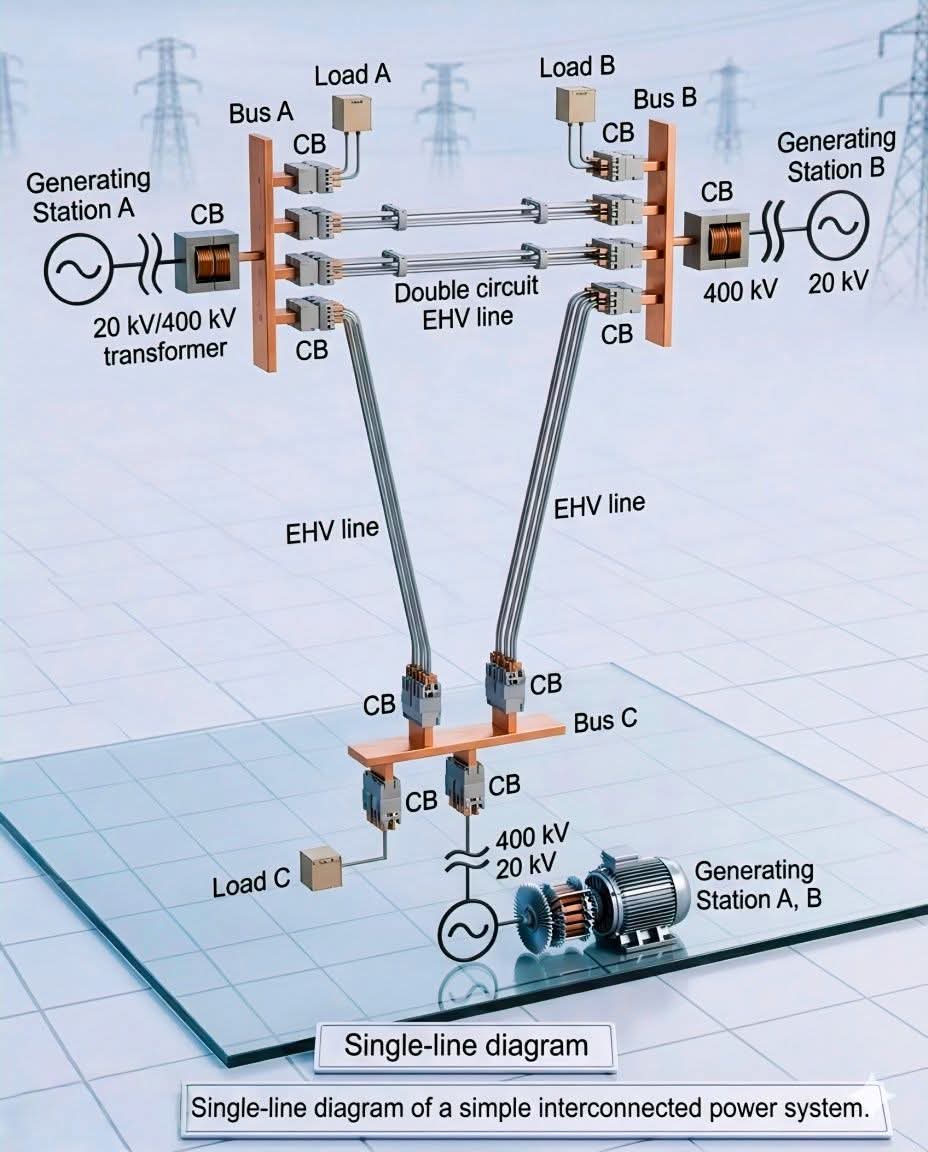 Single line diagram of a simple interconnected system. Can you explain ...