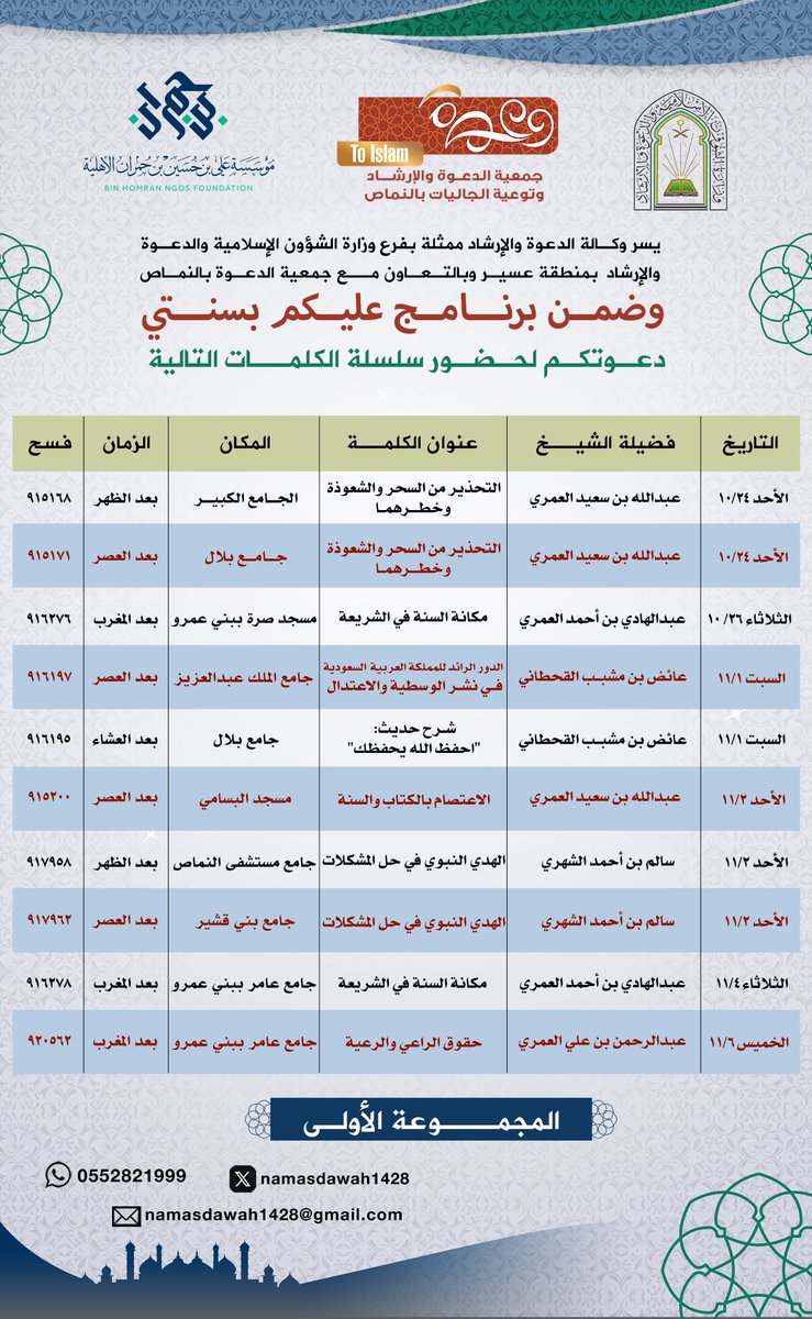 namasdawah1428's tweet photo. يسـر جمعية الدعوة بالنماص دعوتكم لحضور مناشط البرنامج الدعوي (عليكم بسنتي).
ولمدة شهر ابتداءً من يوم الأحد 24 شوال لعام 1447هـ.
بدعم كريم من مؤسسة علي بن حسين بن حمران الأهلية.
@Homranksa 
نُسعد بمتابعتكم. https://t.co/m4w9r7QqKS