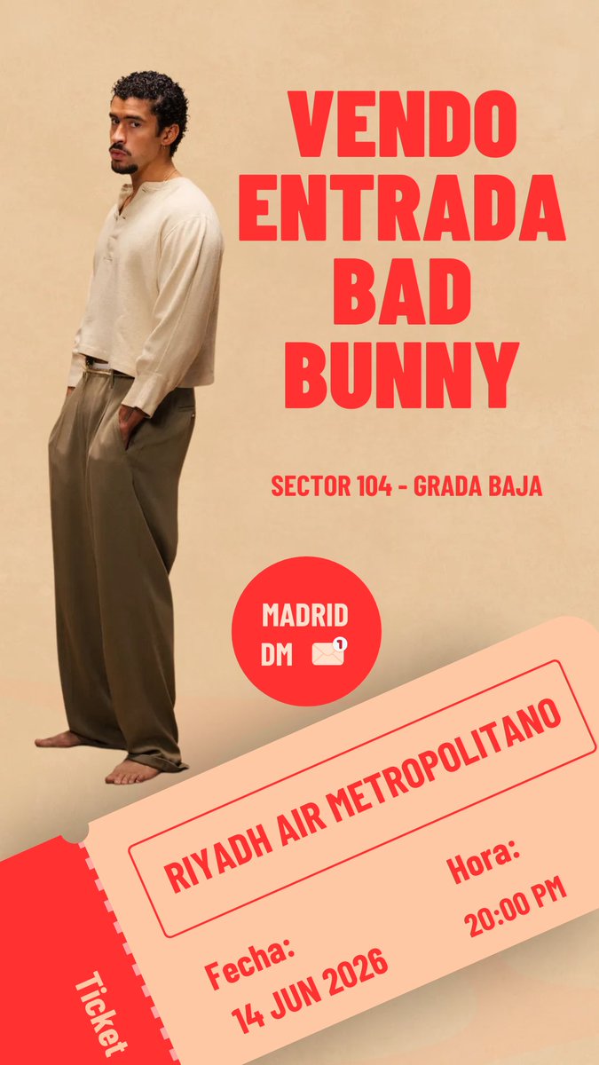 #Badbunny #badbunnytickets #ConciertoBadbunny #BadBunnyMadrid Vendo entrada Bad Bunny 14 de Junio, si os interesa DM