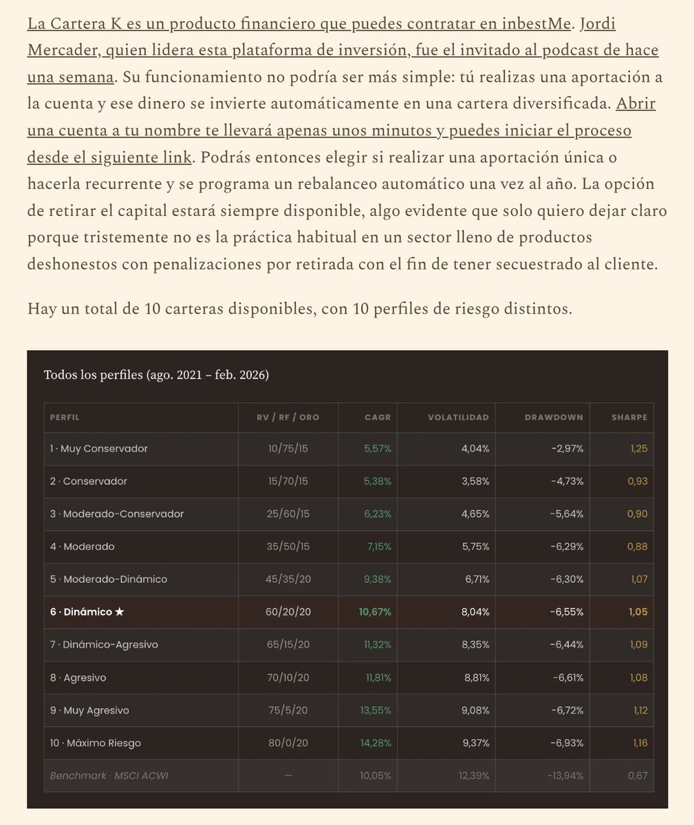 joantubau's tweet image. Muy feliz de lanzar la Cartera K. Una cartera diversificada, indexada y de bajo coste que protegerá tu capital en estos tiempos inciertos. Diseñada por @pablo_gx con un enfoque sectorial para que rinda bien en todos los escenarios económicos. Puedes ya contratarla en @inbestMe