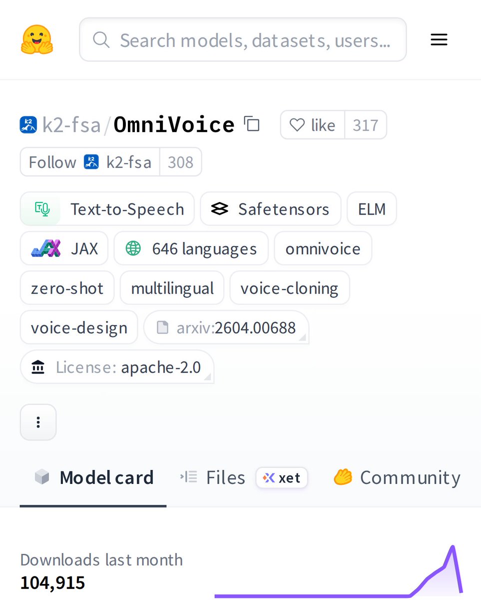 HuggingModels's tweet photo. Meet OmniVoice: a zero-shot TTS model that's changing voice synthesis. It can clone ANY voice from just a short audio clip, no training needed. This is the future of personalized speech tech, and it's multilingual out of the box. https://t.co/5YmXadfRiH