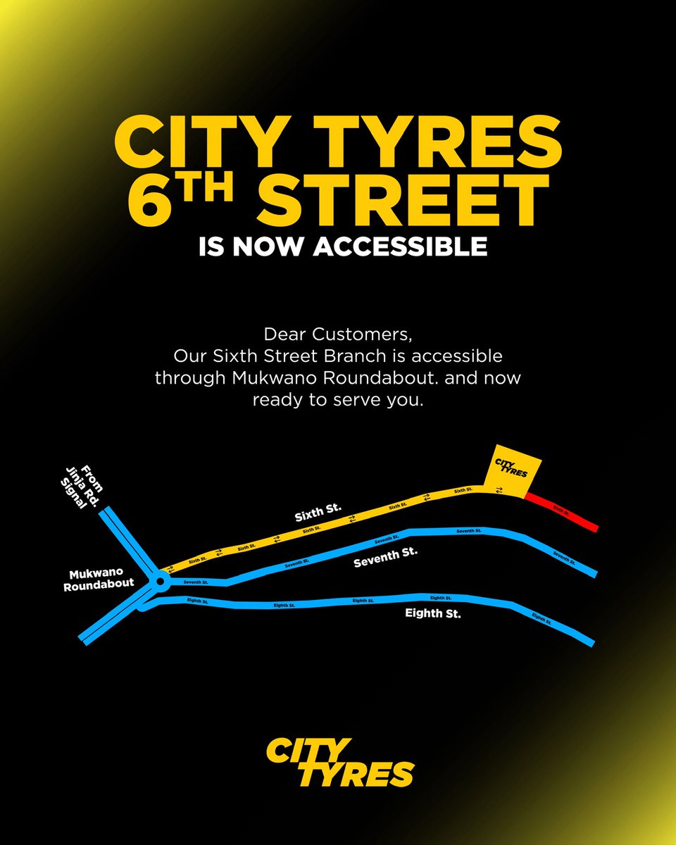 citytyres_ug's tweet photo. Dear customers,

Our sixth street City Tyres branch is accessible through Mukwano Roundabout and ready to serve you.

#citytyres #sixthstreet #wheelalignment #wheelbalancing #premiumtyres #brakes #shocks #batteries https://t.co/GoZEc1HLlm