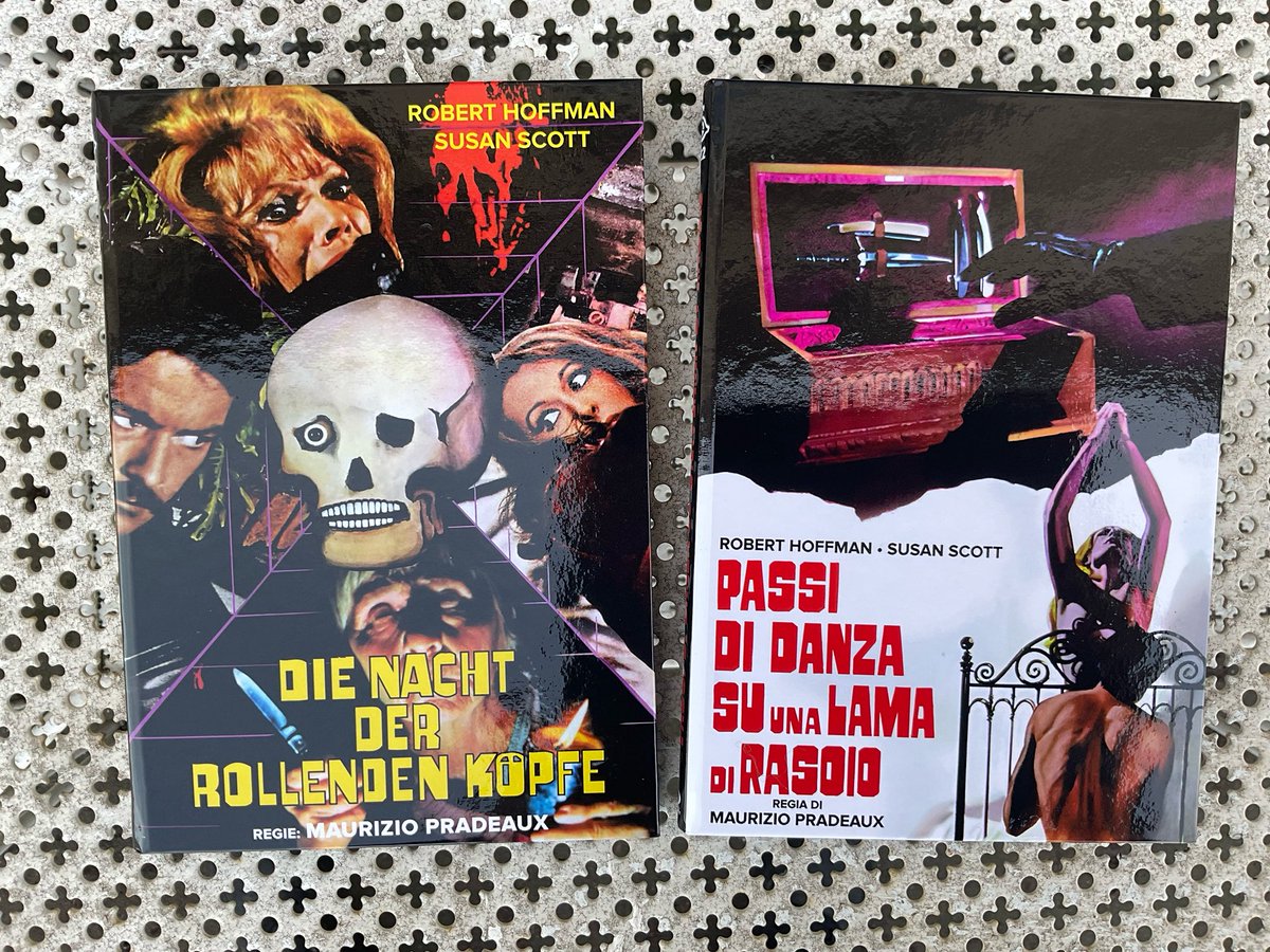 CineploitDiscs's tweet photo. 2 kleine Hardbox Designs von DIE NACHT DER ROLLENDEN KÖPFE aka PASSI DI DANZA SU UNA LAMA DI RASOIO aka DEATH CARRIES A CANE Maurizio Pradeaux handnummerierten Auflage von 70 respektive 80 Exemplaren. #mauriziopradeaux #giallo #nievesnavarro #roberthoffmann #italiangenrecinema https://t.co/0WXaYtXcd0