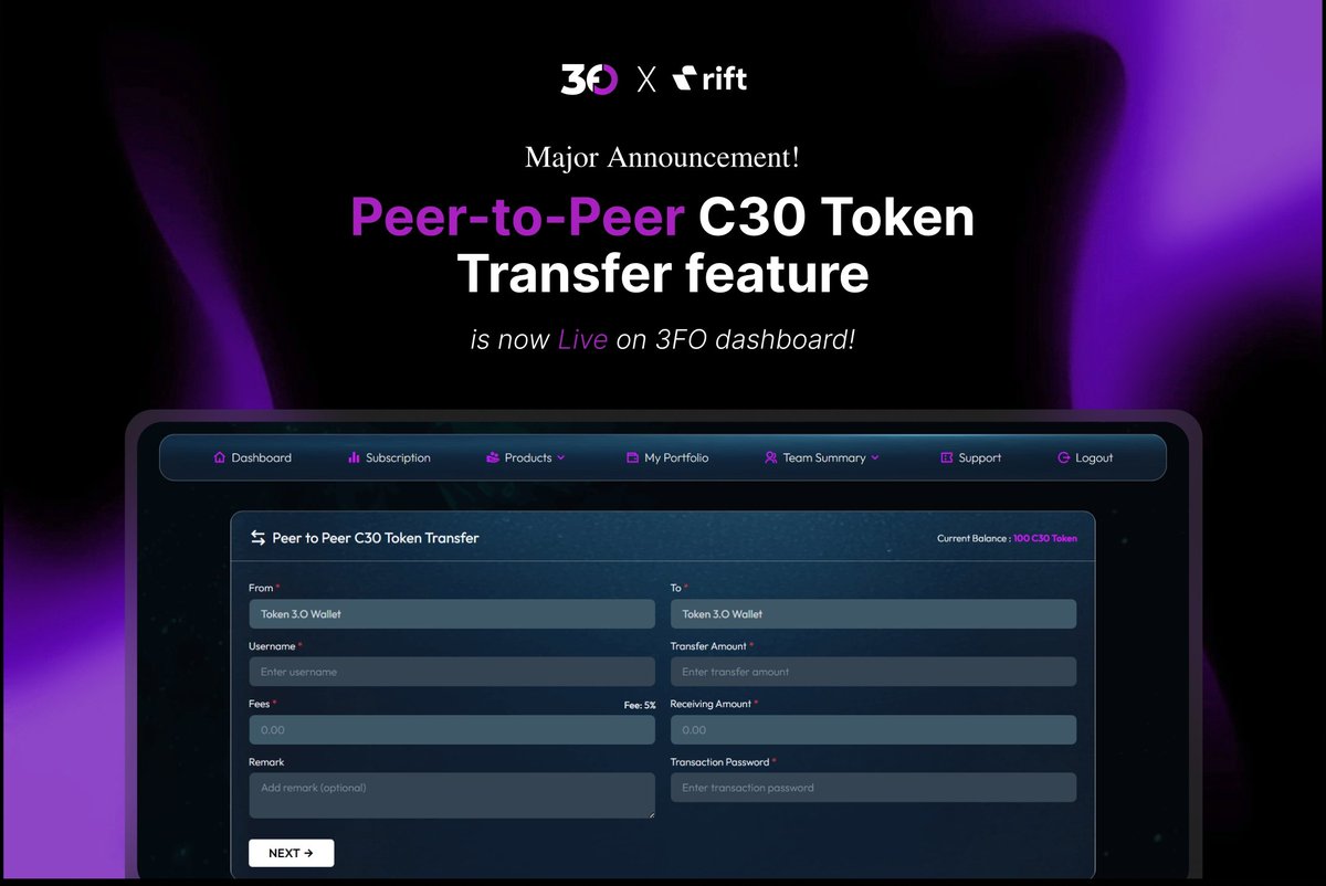 3FOofficial's tweet photo. We are thrilled to announce that the Peer-to-Peer C30 Token Transfer feature is now live on the 3FO dashboard!

Users can now transfer their migrated C30 tokens between 3FO accounts internally. https://t.co/5OQnQqz7Gz