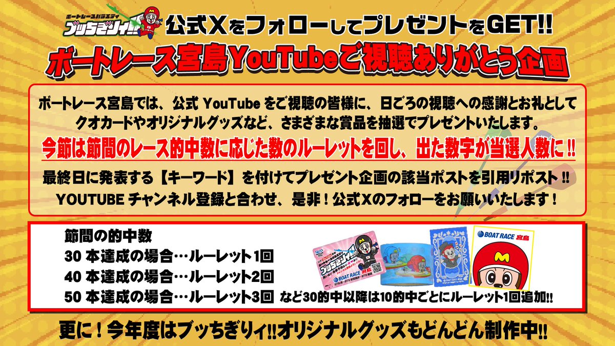 brm_butchigiry's tweet photo. 【YouTubeご視聴ありがとうキャンペーン専用ポスト】
節間の合計的中数をもとにルーレットを回し、
出た数字の数がそのまま当選人数に！！今節は【7名様】に抽選でオリジナルグッズをプレゼント！
【応募方法】このキャンペーン告知ポストを最終日に発表するキーワードを添えて
引用リポストするだけ!!たくさんのご参加をお待ちしております!!

#ボートレース宮島 #ぶっちぎりィ #ありがとう企画