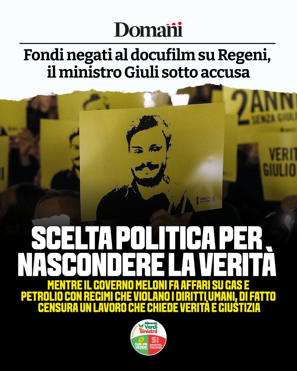 europaverde_it's tweet photo. Il Ministero della Cultura ha negato il finanziamento a “Tutto il male del mondo”, documentario su Giulio Regeni, ricercatore italiano sequestrato, torturato e ucciso al Cairo nel 2016. Un film già realizzato, premiato e sostenuto da numerose università, escluso dai fondi pubblici.
Non è una valutazione artistica, ma una scelta politica: si impedisce di portare nelle sale un’opera che racconta chi e perché ha ucciso Giulio Regeni, una verità che evidentemente si preferisce non mostrare.

Il ministro Giuli non può nascondersi: o il suo ministero non è stato in grado di riconoscere il valore dell’opera, oppure ha avallato una decisione politica. In entrambi i casi la responsabilità è grave.

Il governo Meloni, a partire dal ministro Giuli, ha una responsabilità pesantissima: mentre fa affari su gas e petrolio con regimi che violano i diritti umani, di fatto censura un lavoro che chiede verità e giustizia.

Per questo presenteremo un’interrogazione parlamentare per fare piena luce su questa decisione e sulle responsabilità politiche che l’hanno determinata.

@AngeloBonelli1 

#veritàpergiulioregeni