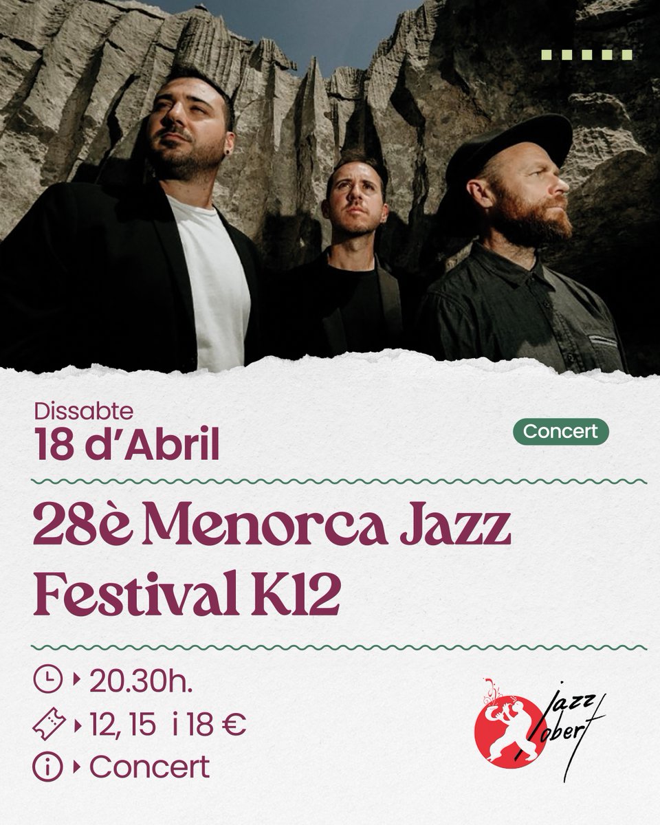SPAlbertCamus's tweet photo. 🗣️ 28è Menorca Jazz Festival K12

📅 18/04/2026 | ⏰ 20:30 h | ⏱️ 90 min
📍 Sala 1 | S/T | TP

Tres músics, un univers de jazz i improvisació.
K12 transforma la sala en un planeta musical ple d’emocions escèniques.

Descobreix tota la programació a 👉 https://t.co/wgZFOkpA24 https://t.co/daEvlalbhY