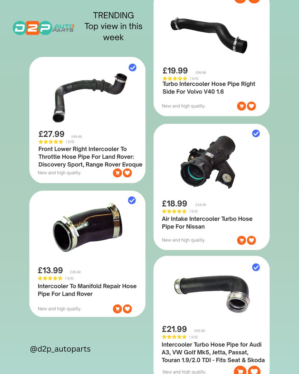 D2Pautoparts's tweet image. 🔥 Trending this week
Most viewed car parts across the UK — intercooler hoses, turbo pipes &amp;amp; more.
Fix performance issues before they get worse.
📩 Send your reg for compatibility.
D2P Auto Parts.#TrendingNow
#CarPartsUK
#AutoParts
#UKDrivers
#AftermarketParts
#D2PAutoParts