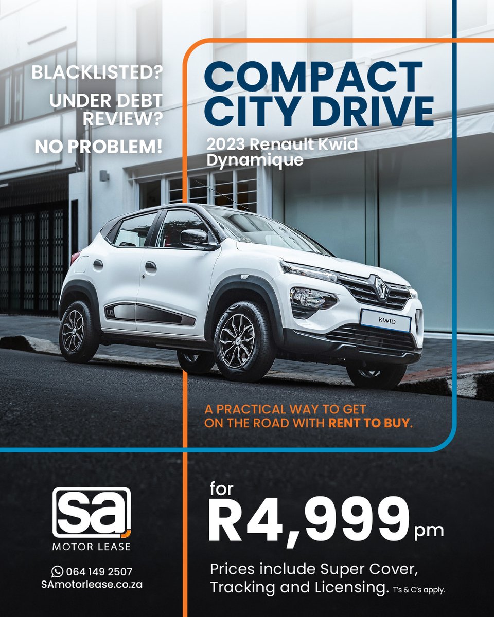 SAMotorLease's tweet photo. Are you blacklisted, under debt review or have a low credit score and looking to buy a car without finance?
Apply now at SA Motor Lease and drive your car in 24 hours!
Apply here: https://t.co/6UQwhgVNri
#renttoown #nocreditcheck https://t.co/MABLHwg8z3