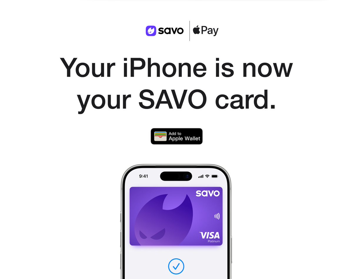 savoxyz's tweet photo. Apple Pay is now on SAVO ！

Your digital card, now truly digital. 

Just add your card and tap to pay — anytime, anywhere. 
#SAVO #ApplePay #Fintech #DigitalWallet #ContactlessPay https://t.co/1Q7vVJ8QJu