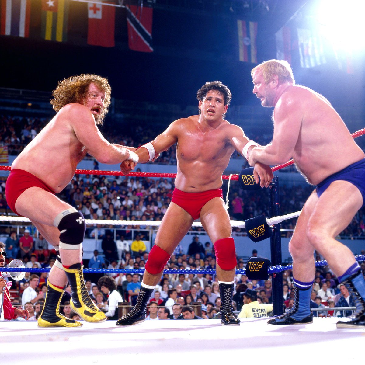WWFWrestling1's tweet photo. 📸 WrestleMania 2 Tag Team Action! #WWF #WWE #WrestleMania #JimmyHart #JunkyardDog #TitoSantana #HossFunk #TerryFunk https://t.co/jNPJBxUZFc