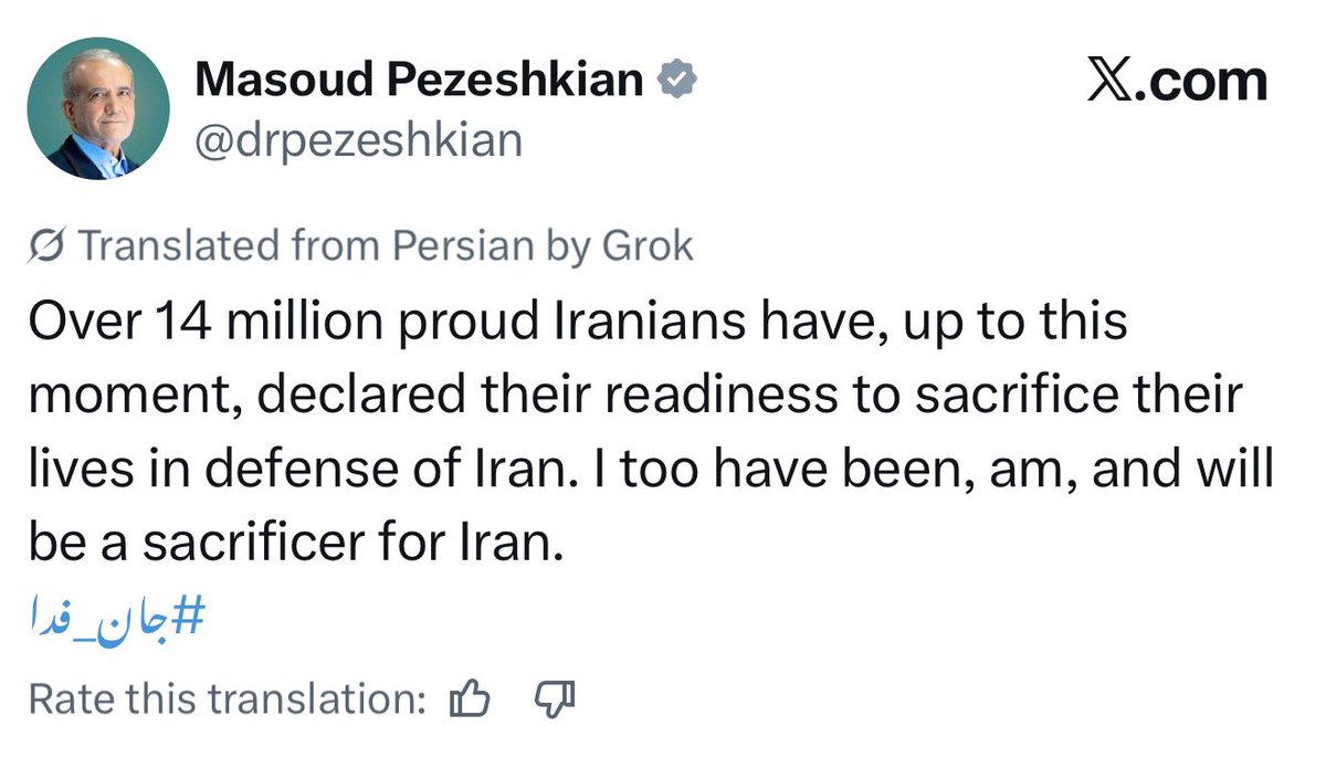 Iranian President Masoud Pezeshkian has said that over 1.4 million Iranians are ready to sacrifice their lives for Iran, and that he too has been, is, and will remain ready to sacrifice for the country.