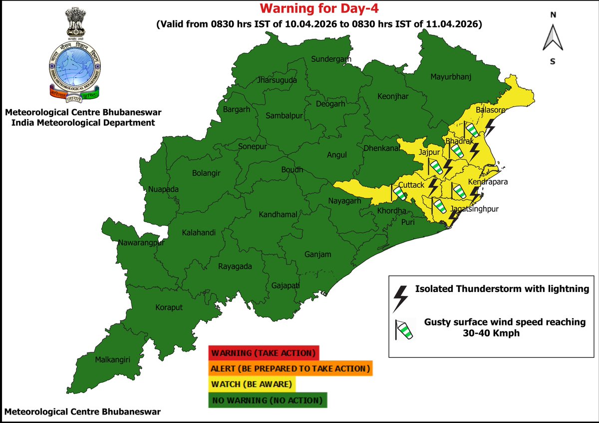 mcbbsr's tweet image. Warning for the State.
Day-1 &amp;amp; Day-2 : Isolated Heavy Rainfall, Hailstorm, Thunderstorm, Lightning &amp;amp; Gusty Wind Warning.
Day-3 &amp;amp; Day-4 : Isolated Thunderstorm, Lightning &amp;amp; Gusty Wind Warning.
Day-6 &amp;amp; Day-7 : No Warning.
#Thunder #Hail #lightning #Warning #Odisha #odishaweather