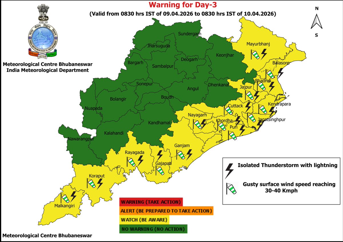 mcbbsr's tweet image. Warning for the State.
Day-1 &amp;amp; Day-2 : Isolated Heavy Rainfall, Hailstorm, Thunderstorm, Lightning &amp;amp; Gusty Wind Warning.
Day-3 &amp;amp; Day-4 : Isolated Thunderstorm, Lightning &amp;amp; Gusty Wind Warning.
Day-6 &amp;amp; Day-7 : No Warning.
#Thunder #Hail #lightning #Warning #Odisha #odishaweather
