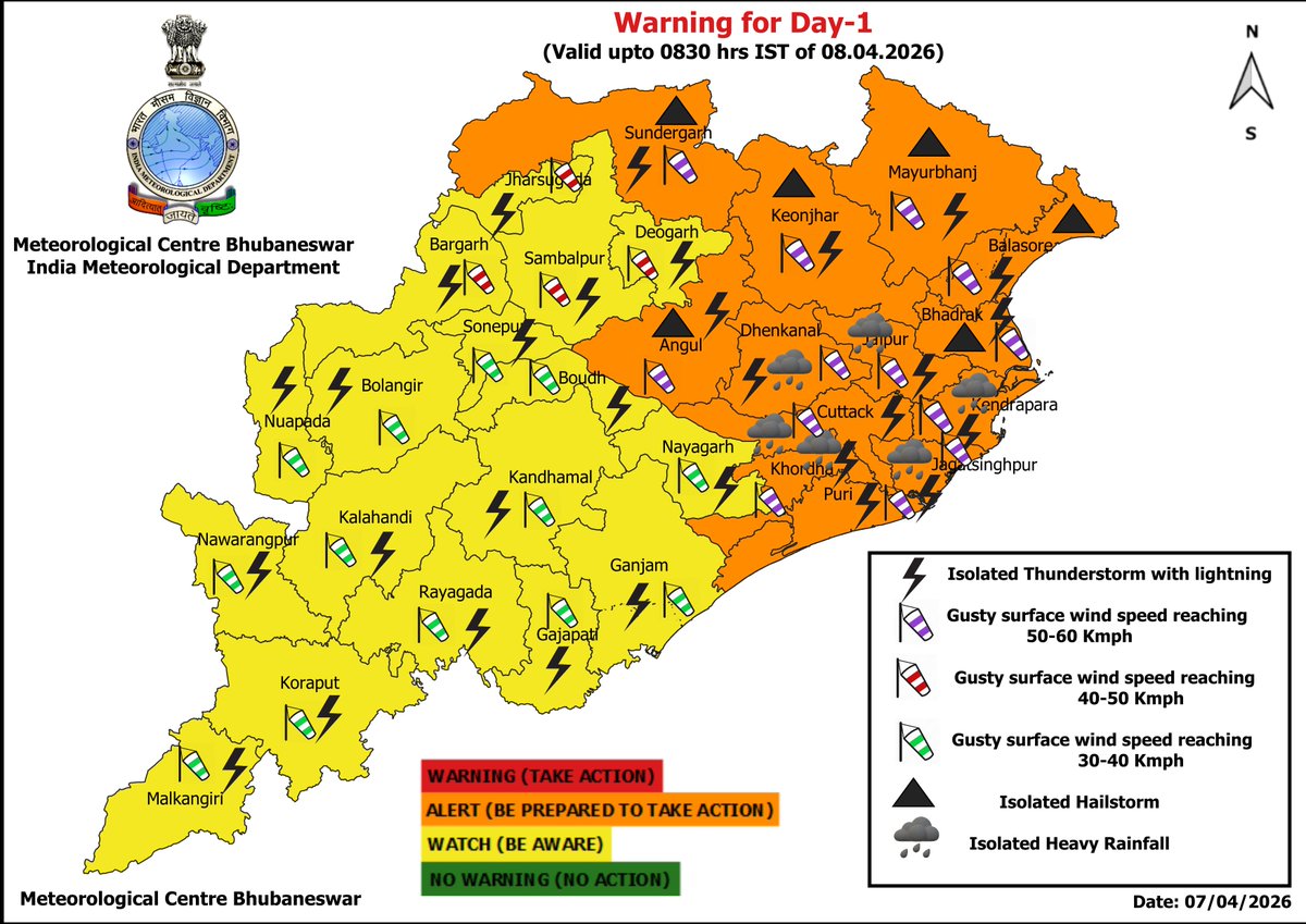 mcbbsr's tweet image. Warning for the State.
Day-1 &amp;amp; Day-2 : Isolated Heavy Rainfall, Hailstorm, Thunderstorm, Lightning &amp;amp; Gusty Wind Warning.
Day-3 &amp;amp; Day-4 : Isolated Thunderstorm, Lightning &amp;amp; Gusty Wind Warning.
Day-6 &amp;amp; Day-7 : No Warning.
#Thunder #Hail #lightning #Warning #Odisha #odishaweather