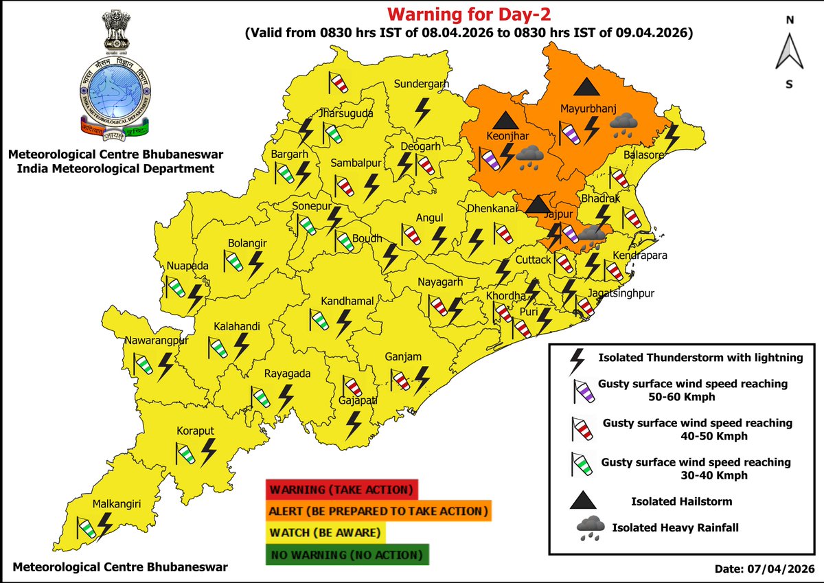 mcbbsr's tweet image. Warning for the State.
Day-1 &amp;amp; Day-2 : Isolated Heavy Rainfall, Hailstorm, Thunderstorm, Lightning &amp;amp; Gusty Wind Warning.
Day-3 &amp;amp; Day-4 : Isolated Thunderstorm, Lightning &amp;amp; Gusty Wind Warning.
Day-6 &amp;amp; Day-7 : No Warning.
#Thunder #Hail #lightning #Warning #Odisha #odishaweather