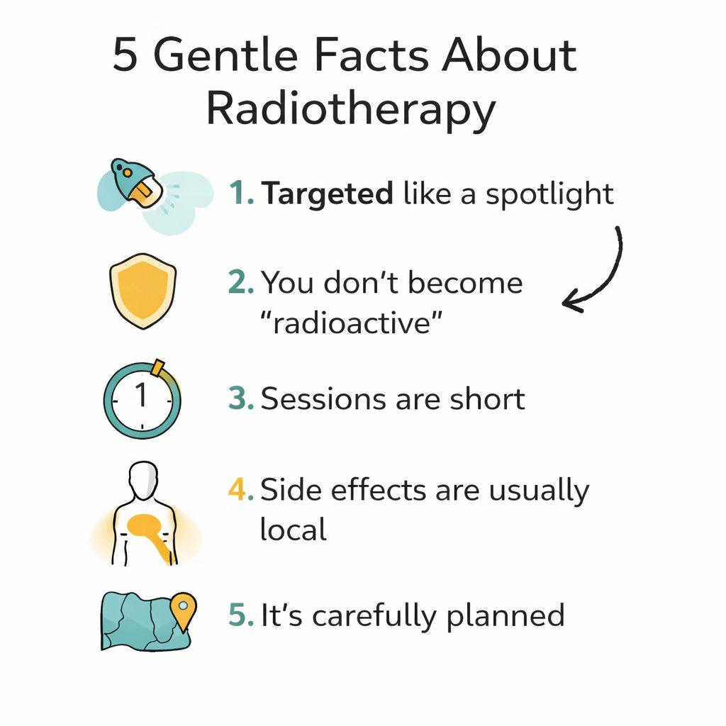 CancerParcel's tweet image. Radiotherapy can sound scary. 5 gentle facts:
1) It’s targeted like a spotlight.
2) You don’t become “radioactive”.
3) Sessions are short.
4) Side effects are usually local.
5) It’s carefully planned.

You're not alone.
#Radiotherapy #CancerSupport