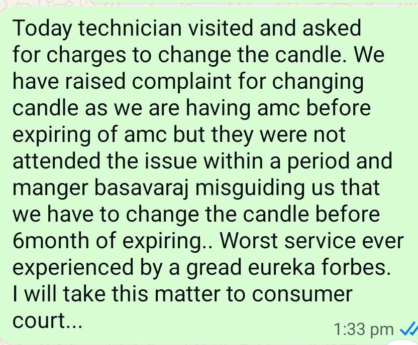 Cv40Rashmi's tweet photo. @Eureka_ForbesIN by seeing your service for the customer I am taking issue to consumer court.. Thanks for believing your worst service. Before amc completion only I have raised complainy but your manager basavaraj misguiding us by telling you have to change the candle before 6mts https://t.co/6r6qhyZ0pA