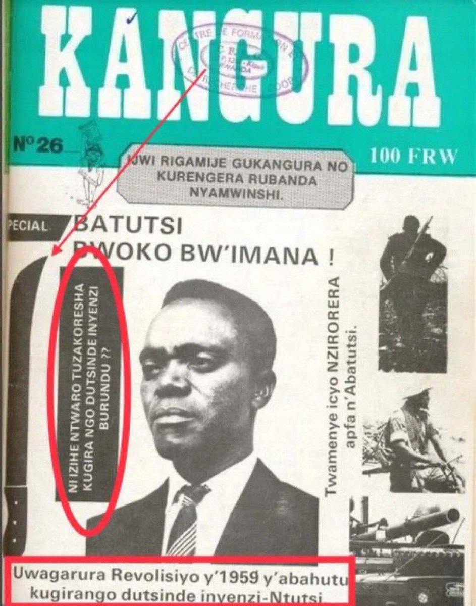 dr_dash250's tweet photo. “Ubundi wa mugani, ni izihe ntwaro tuzakoresha twica izi nyenzi z’abatutsi?”

“Uwagarura Revolisiyo y’1959 y'abahutu kugirango dutsinde inyenzi-Ntutsi”

Harya ngo Genocide ntiyateguwe?

Aha ni muri 1991. Ikinyamakuru Kangura cyanditse cyibaza ngo “Ni izihe ntwaro tuzakoresha kugira ngo dutsinde inyenzi burundu?” Barangije bashushanya umuhoro. Murabizi imihoro icyo yakoze muri 1994.

Muri iki kinyamakuru bakomeje barandika ngo;

“Uwagarura Revolisiyo y'1959 y'abahutu kugirango dutsinde inyenzi-Ntutsi”

Muribuka ibyo bakoze muri 1959! Bishe abatutsi benshi, babatwara inka zabo ndetse barabamenesha. Kangura iti “Turifuza ko byakongera bikaba!” Ibi mwibuke ko byari muri 1991! 

Ubwo umuntu uhakana ko genocide itateguwe ninde? 

Ibaze haramutse hari ikinyamakuru cyanditse ngo “Turifuza ko ibyabaye mu Rwanda muri 1994 byongera bikaba kuri ubu bwoko runaka” 

Ibaze uko watungurwa! Well, muri 1991 ibyo byari ibisanzwe kuko hari nibindi byinshi birenze ibi bavugaga. 

Abantu mukiri bato mujye musoma aya mateka mumenye ukuri. Ngiyo foto nawe soma ibyanditse wumve urwego amacakubiri mu Rwanda yari yarahawemo intebe.

Gushushanya umuhoro barangiza bakabaza ngo “Niki tuzakoresha twica inyenzi” mubona ababyanditse nta makuru bari bafite kubintu leta ya Habyarimana yateguraga? Namwe nimumbwire!

Genocide yarateguwe ndetse igihe kinini.