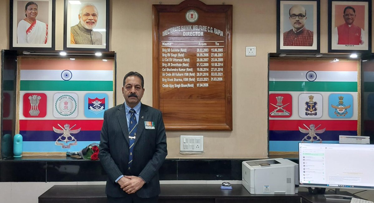RSBCG04's tweet photo. Commodore Ajay Singh Bisen (Retd) has assumed the duties of Director, Rajya Sainik Board Chhattisgarh on 07 April 2026.  The officer, domicile of Raipur, Chhattisgarh, alumnus of NIT Raipur, brings 35 years of stellar and illustrious service in the Indian Navy. https://t.co/oPSzdUgnBN