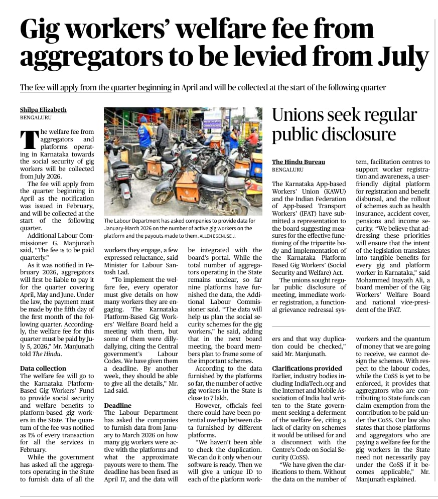 appbasedunion's tweet photo. Unions are seeking regular public disclosure to ensure the Karnataka Gig Workers' Act works for everyone. From worker registration to functional grievance redressal, we are pushing for a system that is transparent and effective. 📢 #AllForGigWorkers #IFAT #KAWU https://t.co/73Pm65zKtl